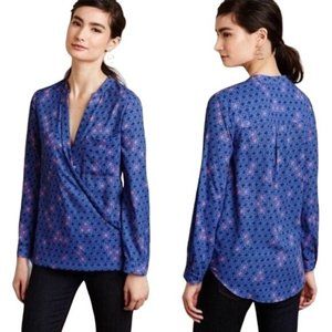 Maeve Anthropologie Size 4 Eva Wrap Long Sleeve Blue Printed Blouse